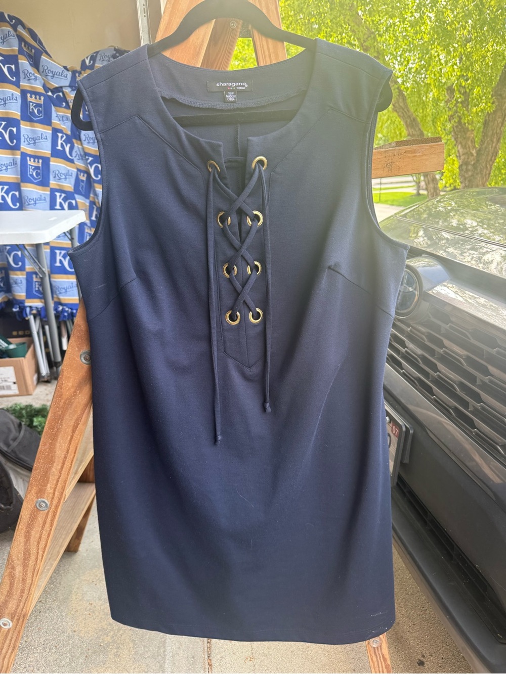 Sharagano Black Knit Dress with Colored Logo Detail